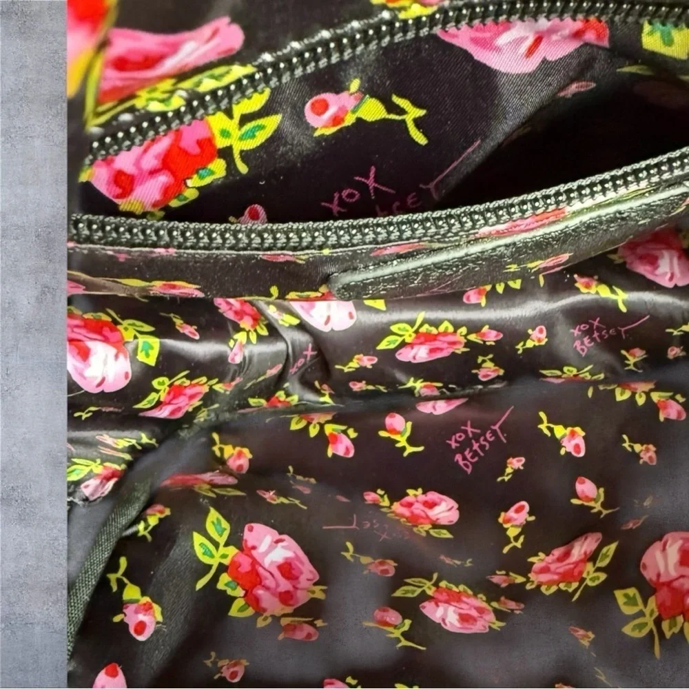 Betsey Johnson Black & White Striped Backpack with Floral Lining